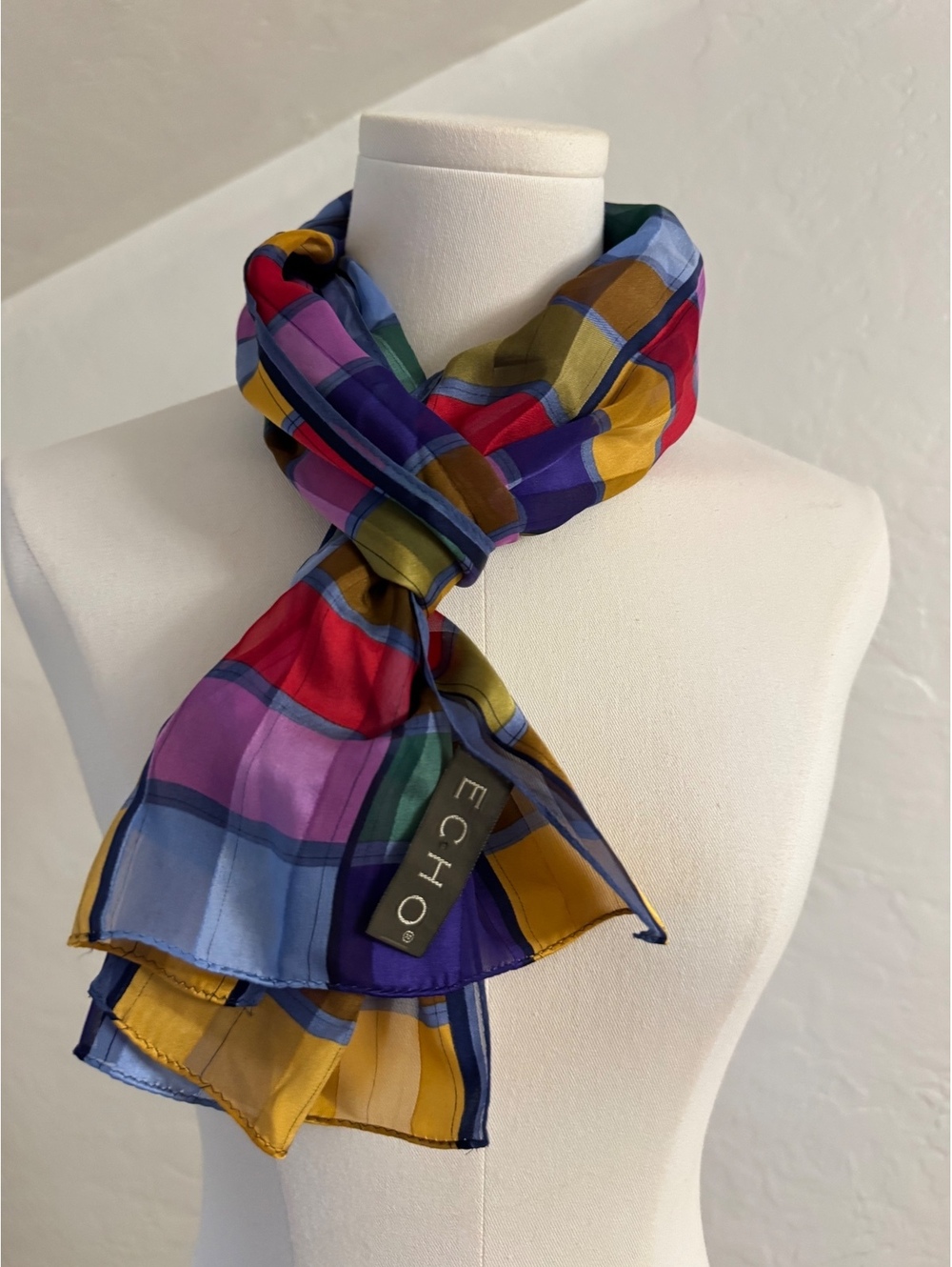 Vintage Echo 100% Silk Multicolor Plaid Long Scarf 60” x 10.5”